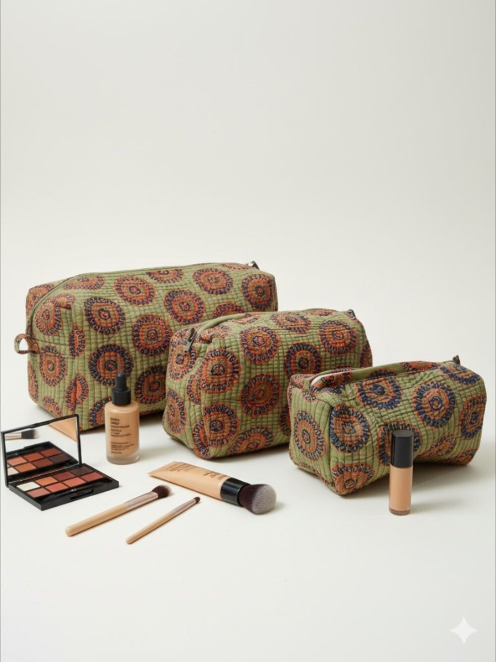 Set Of 3 Makeup Bag, Cotton Toiletry Bag, Floral Block Printed Toiletry Bags